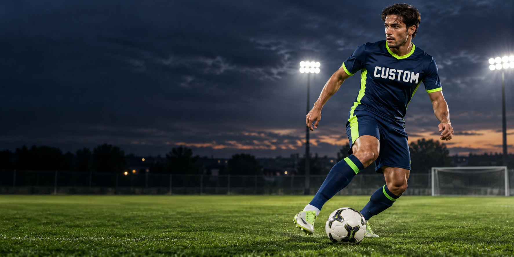 Custom football kit on a pitch at dusk